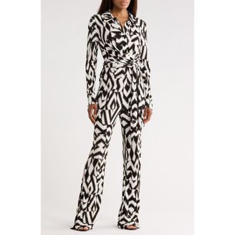 Diane Von F&uuml;rstenberg Michele Long Sleeve Wrap Jumpsuit in Troy Maze - Black/White at Nordstrom Rack, Size X-Large