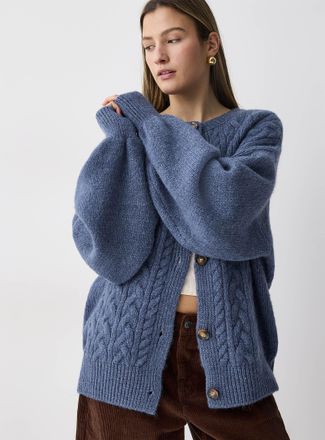 Twik Womens Puff-sleeve cable-knit Cardigan Sweater