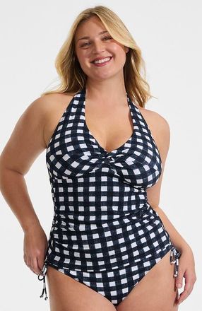 Lands End Twist Halter Tankini Top in Navy Gingham Pique at Nordstrom, Size 24W