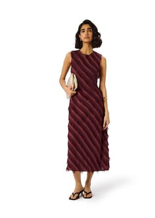 Whistles Fringe Textured Sleeveless Midi Dress in Brown at Nordstrom, Size 10