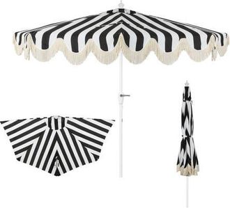 Jonathan Y Designs Beverly 9 ft. Designer Classic Scalloped Fringe Half Market Patio Umbrella with Crank, Push Button Tilt and UV Protection in Black/white