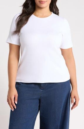 Eileen Fisher Rib Knit Stretch Organic Cotton Crewneck Top in White at Nordstrom, Size 3X