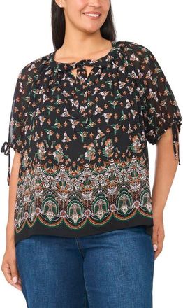 CeCe by Cynthia Steffe Tie Neck Puffed Raglan Sleeve Top in Alpine Green at Nordstrom, Size 3X