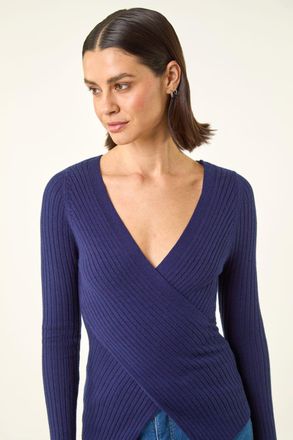 Roman Wrap Front Ribbed Knit Top