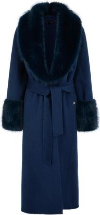 Marc Cain Lange Jas met Riem - Dames - Mantels - Blauw - Maat: XS Zijde