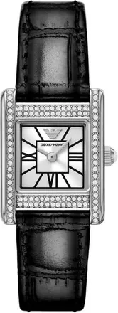 Emporio Armani Crystal Bezel Tank Leather Strap Watch, 20mm x 26mm in Black at Nordstrom