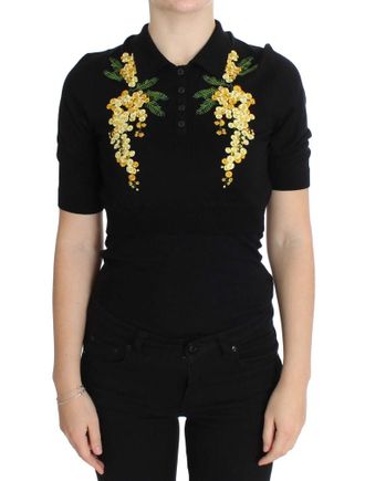 Dolce & Gabbana Zwarte Zijde Bloemen Geborduurd Polo Top