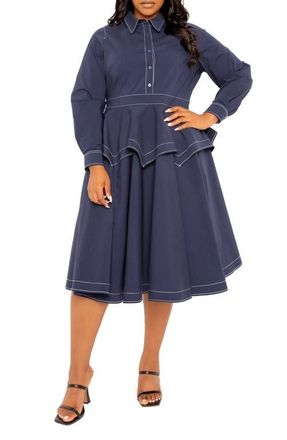 Buxom Couture Topstitched Long Sleeve Peplum Shirtdress in Navy at Nordstrom, Size 1X