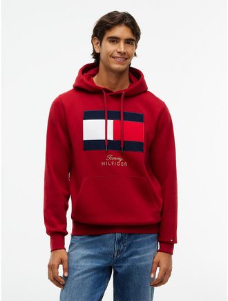 Tommy Hilfiger Mens Embroidered Flag Logo Fleece Hoodie - Red - XXL