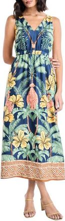 Maggy London Botanical V-Neck Midi Dress in Titan/Banana Cream at Nordstrom, Size 14