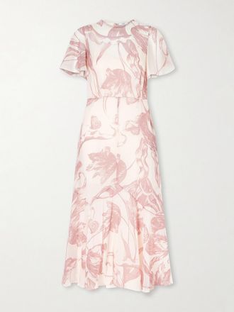 Erdem Abito Midi In Chiffon Di Seta Stampato - Rosa
