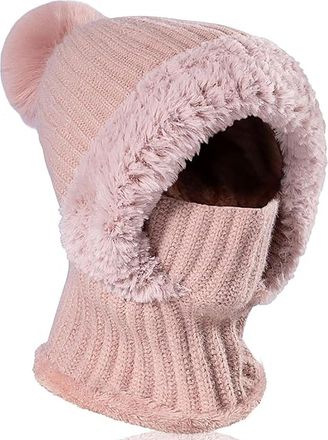 Generic Winter Warm Knitted Cap with Neck Warmer for Women, Winter Woolly Hat with Warm Fleece Linning, Windproof Balaclava Hood Hat for Women (Pink)