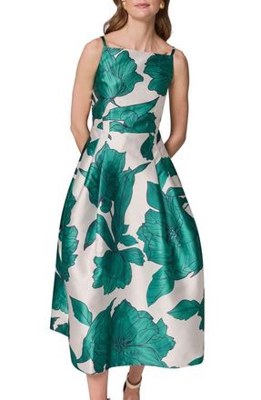 DKNY Floral Mikado Fit & Flare Gown in Lawn at Nordstrom, Size 10