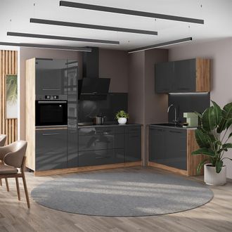 Vicco Cocina Fame-line, Antracita Alto Brillo/roble Dorado, 220 X 120 Cm, Et Antracita, Vicco