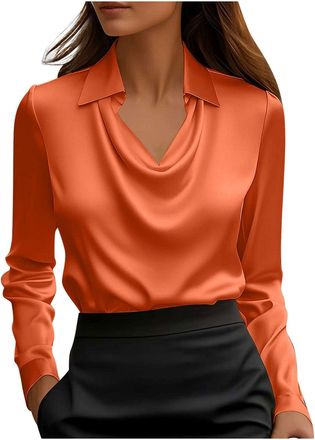 Generic Keepink Womens Long Sleeve Tops Elegant Cowl Neck Satin Blouse Dressy Business Casual Office Work Silk Shirt Elegant Ladies Tunic Top Loose Comfy Shir