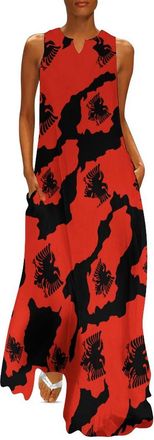 Generic Albanian Map Flag Womens Casual Dresses Sleeveless Maxi Dress Ankle Length Ruffle Flowy Sundress with Pockets M
