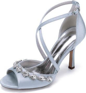 Generic Womens High Heel Sandals Open Toe Bridal Satin Crystal Stiletto Wedding Shoes Formal Prom Party Dress Shoes 9.5Cm,Silver,10 UK