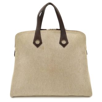 Herm&egrave;s Brown Natural Canvas Leather Handbag Tote Bag (Pre-Owned)