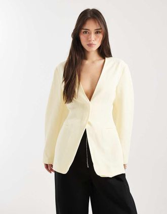 Asos Blazer in misto lino stretto in vita color naturale senza colletto-Neutro