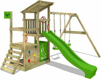 Fatmoose Fatmoose - Parque Infantil De Madera Fruityforest Con Columpio Y Tobog&aacute;n Torre De Escalada De Exterior Con Arenero Y Escalera Para Ni&ntilde;os - Verde Manza