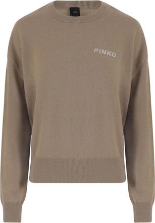 Pinko Logo Wol Kasjmier Crew Neck Sweater - Dames - Ronde hals truien - Bruin - S - Wol - Truien & Vesten