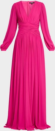 Badgley Mischka Plunging Bishop-Sleeve Gown