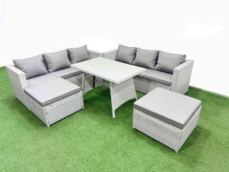 Fimous 8-seater Patio Rectangular Table 3 Seater Sofa Set with 2 Big Stools in Light Grey