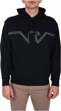 Emporio Armani Hooded Jersey Sweatshirt met Gebosseleerd Koepelvormig Logo - Heren - Hoodies - Blauw - L - Leer - Hoodies & sweatvesten