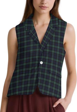 Generic Scottish Blue-Green Plaid Womens Waistcoats 1 Button V-Neck Suit Vests Economy Slim Fit Business Dress 2XL