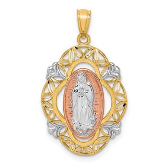 Diamond2Deal 14k Two-tone Gold White Rhodium Guadalupe Medal Pendant