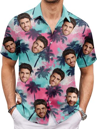 Generic Hawaiian Face Print Shirt Mens Short Sleeve - Tropical Button Up Casual Beach Shirt Breathable for Summer