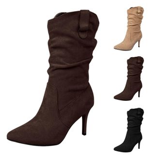 Generic Womens Pointed Toe Heel Boots Stiletto Heels Mid-Calf Boots Slouchy Comfort Rouched Shoes Ladies Pull On Suede Winter Dress Shoes for Dates, Weddings,