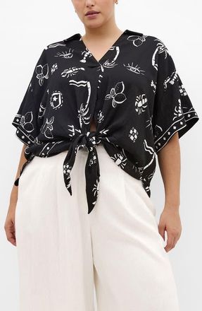 City Chic Resort Print Tie Front Top in Black And White at Nordstrom, Size Xxxs