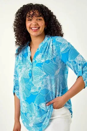 Roman Textured Floral Print V-Neck Shirt