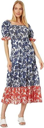 Tommy Hilfiger Puff Sleeve Floral Maxi Dress Womens Dress Sky Captain/Multi : LG (US 12-14), Cotton