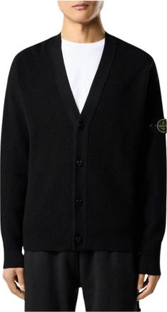 Stone Island Geribbelde Cardigan met V-hals - Heren - Vesten - Zwart - XL - Katoen - Truien & Vesten