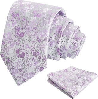 Alizeal Mens 8cm Colorful Floral Necktie and Pocket Square Classic Wedding Tie and Hanky Set, Silver+Lilac