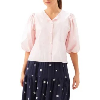 Karen Kane Puff Sleeve Faux Pearl Button Cotton Shirt in Rose at Nordstrom, Size X-Large