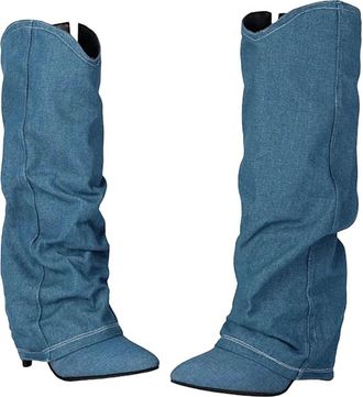 Generic Womens Fashion Knee High Boots Round Toe High Stiletto Heel Slip On Design With Pleated Shaft Stylish Party Shoes