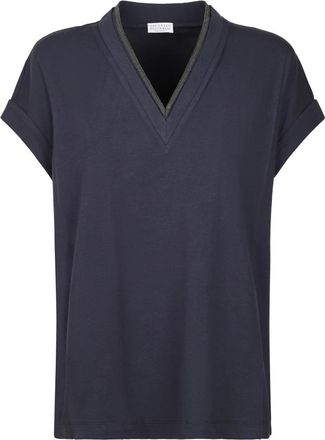 Brunello Cucinelli T-shirt met juweeldetail - Dames - T-shirts - Blauw - L - Katoen - Tops