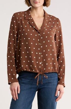 Melloday Long Sleeve Drawstring Hem Button-Up Shirt in Brown Bone Dot at Nordstrom Rack, Size X-Small
