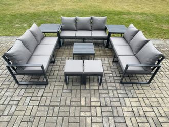 Fimous Aluminium 11 Seater Outdoor Garden Furniture Set Patio Lounge Sofa with Coffee Table 2 Side Tables 2 Small Footstools Conservatory Set