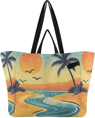 Generic Palm Tree Beach Yellow print Reusable Canvas Tote Bag, Heavy Duty Grocery Shopping Bag with Double Handles Large Capacity Hard Bottom Work Groceries T