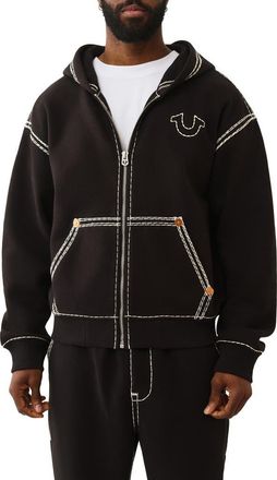 True Religion World Tour Embroidered Cotton Zip-Up Hoodie in Jet Black at Nordstrom, Size Xxx-Large
