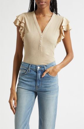 Veronica Beard Aphrodite Ruffle Sleeve Rib Top in Stone Khaki at Nordstrom, Size X-Small