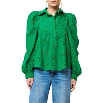 Ciebon Robyn Eyelet Puff Shoulder Shirt in Green at Nordstrom, Size Small
