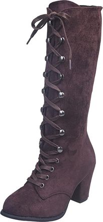 Generic Pirate Boots for Women UK Victorian Boots for Women Faux Suede Mid-Calf Height Boot Medieval Vintage Chunky Heel Boot Fall Winter Suede Lace up Vintag