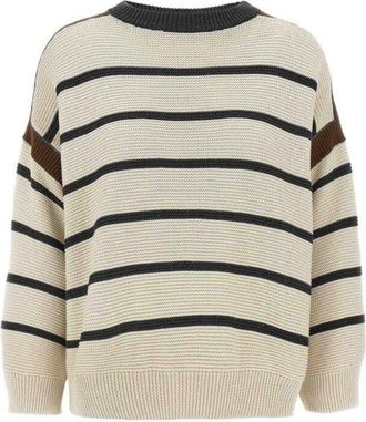Brunello Cucinelli Womens Beige Striped Cotton Sweater, Size 3XL