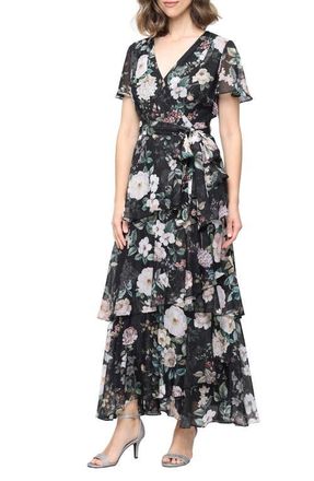 S.L. Fashions Metallic Floral Chiffon Gown in Black Multi at Nordstrom, Size 18