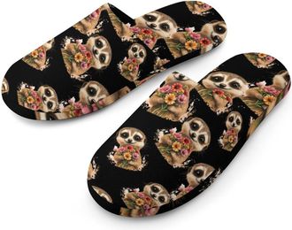 Generic Meerkat Cute Flowers Flannel Mens Slip-on Slippers Winter Warm House Shoes with Rubber Sole for Home Hotel